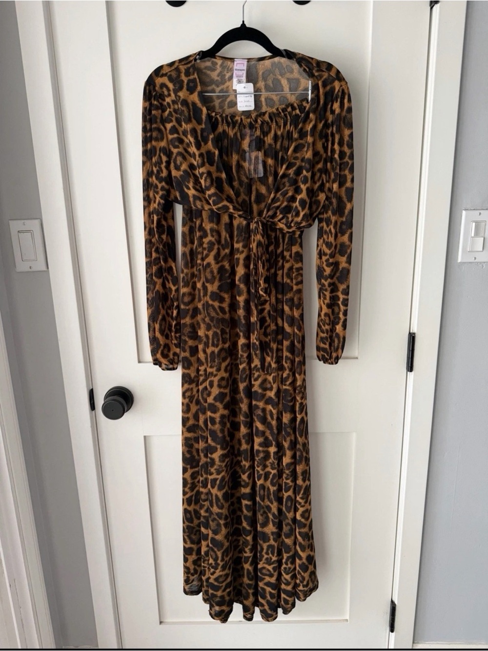 2 PC Matching Leopard Print A-Line Maxi Skirt with Wrap around V-Neck tie top.